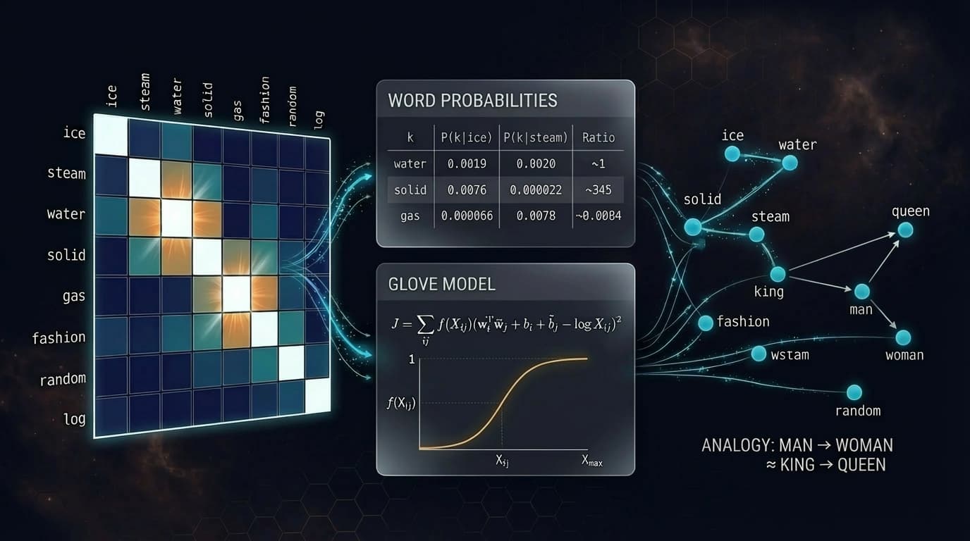 GloVe visualization: co-occurrence matrix heatmap, word embedding clusters, probability ratio table, and weighted least squares objective on a dark cinematic background