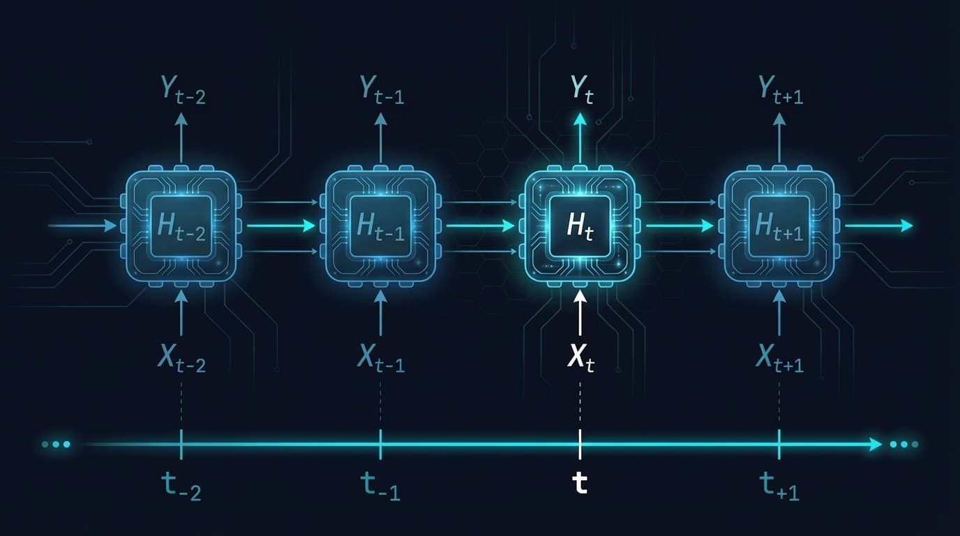 RNN visualization: hidden state trajectories, gradient flow through time, category emergence from character sequences, and spectral radius evolution on a dark cinematic background