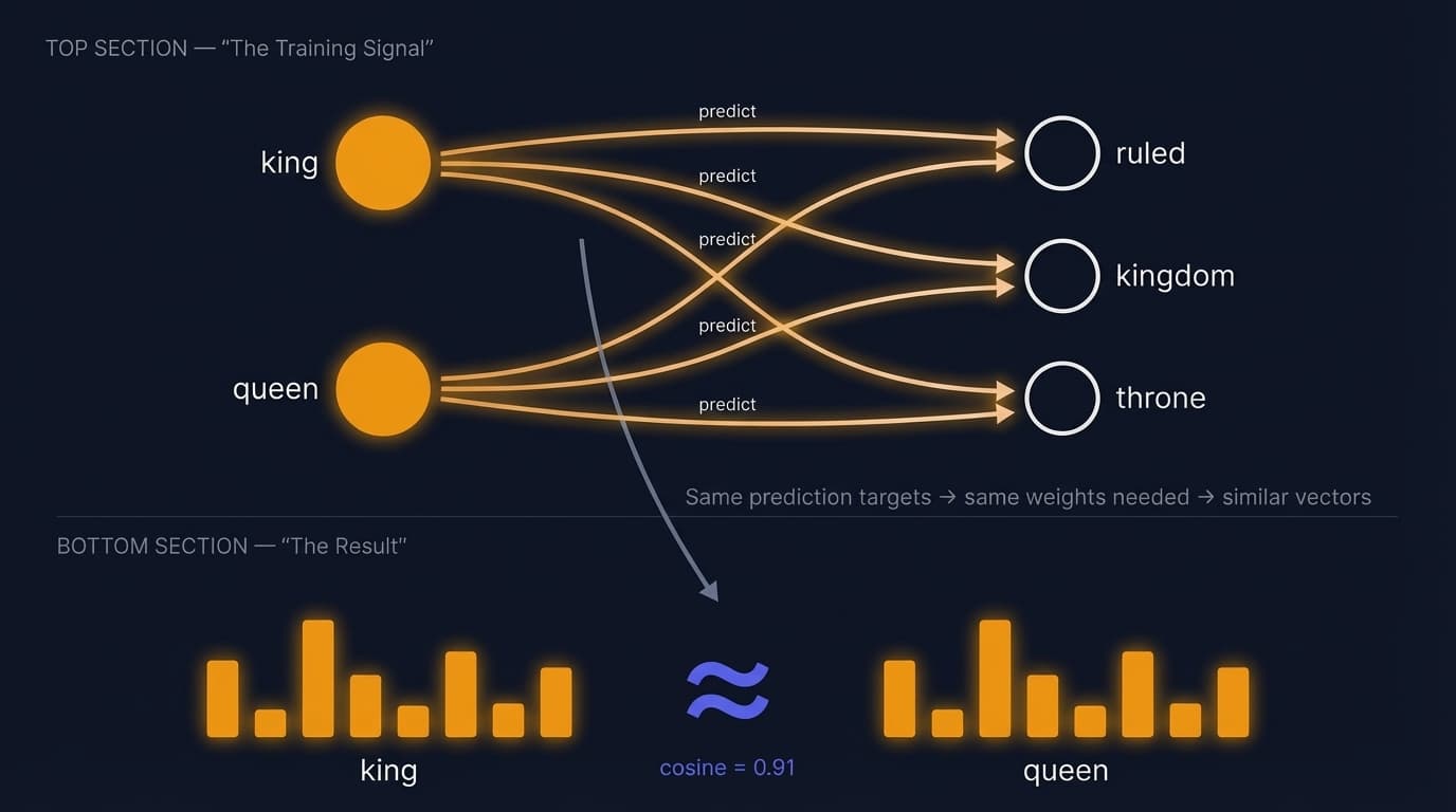 King and queen both predict the same context words (ruled, kingdom, throne), forcing the network to assign them similar vectors — cosine similarity 0.91