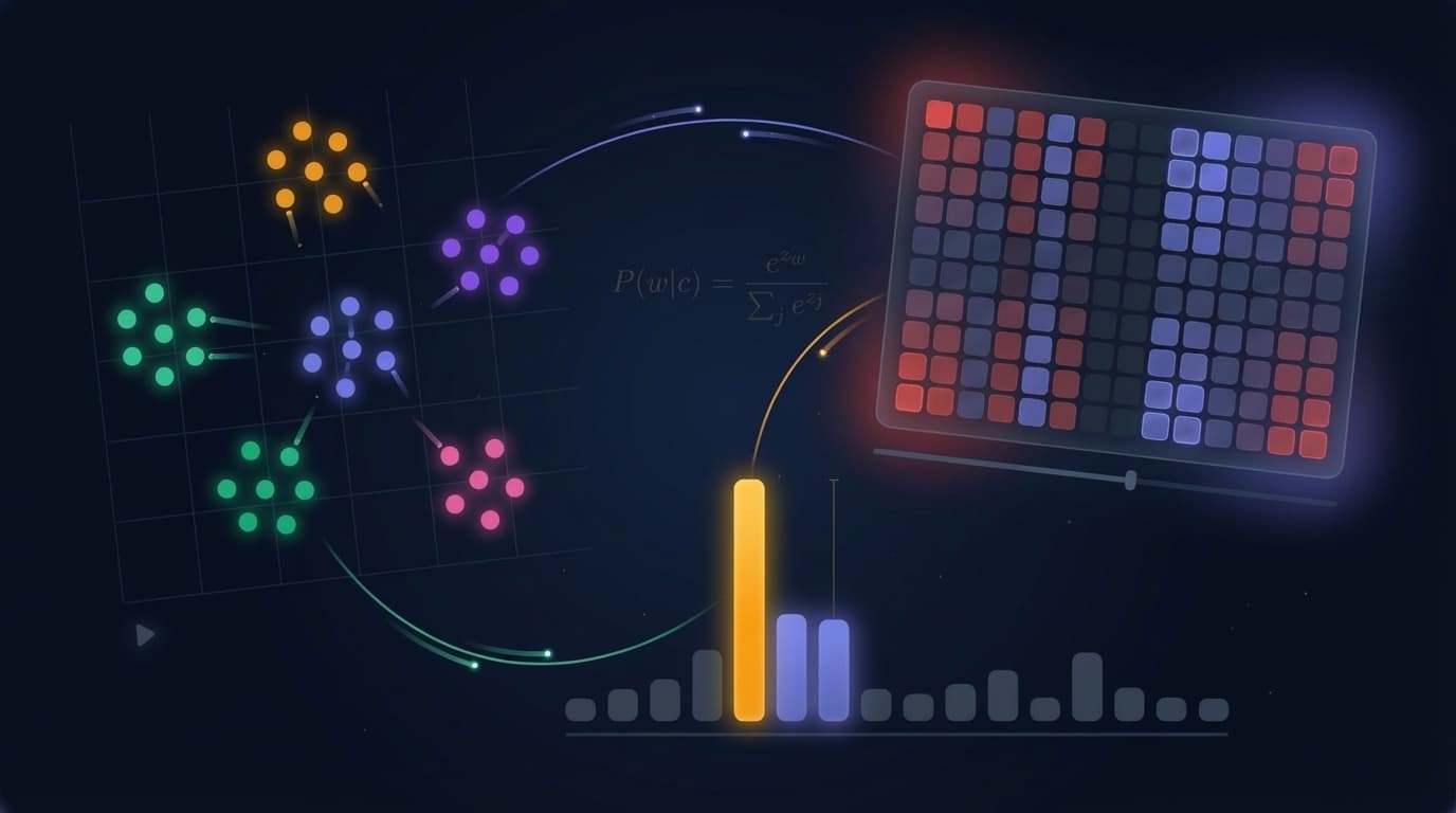Word2Vec mission control — embedding clusters, softmax equation, weight matrix heatmap, and probability distribution visualization on a dark cinematic background